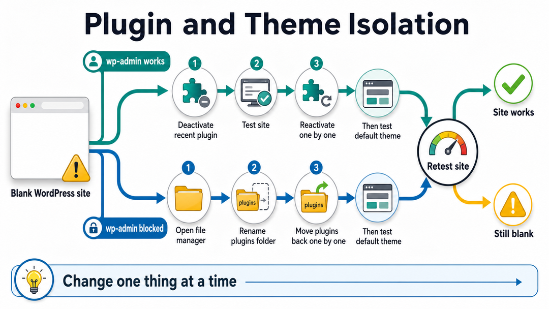 WordPress white screen of death plugin and theme isolation flow.