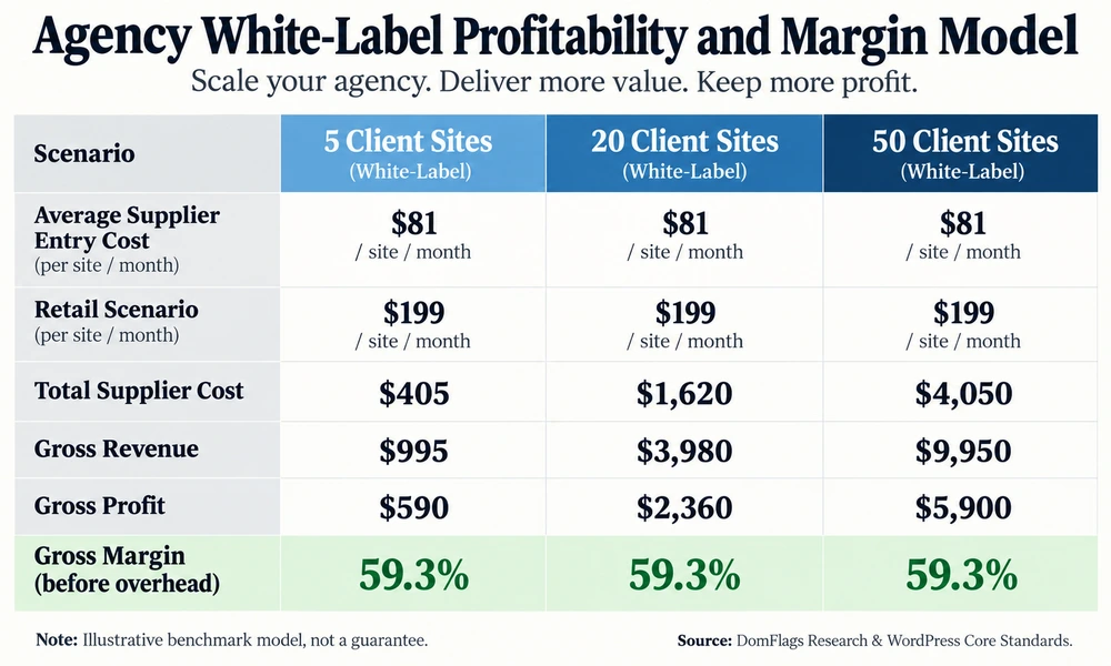 Illustrative agency white-label maintenance margin model comparing wholesale and retail costs across 5, 20, and 50 client sites