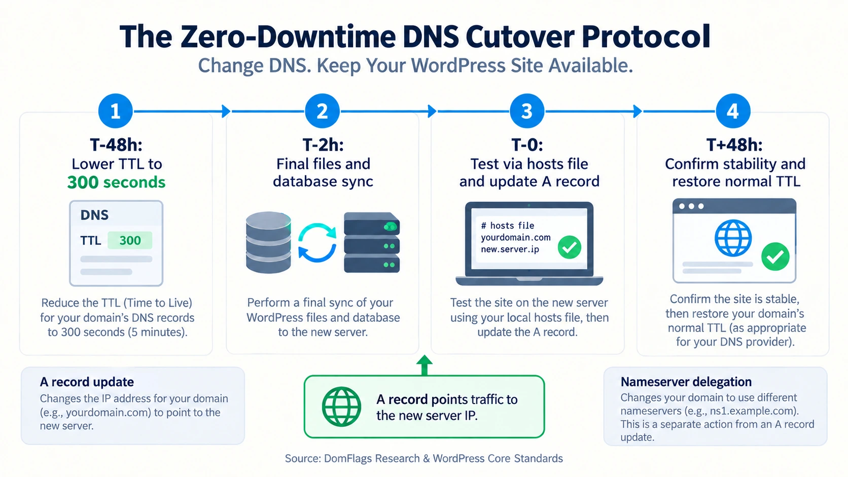 Timeline showing DNS TTL reduction to 300 seconds, final WordPress file and database sync, A record update, and post-migration stabilization