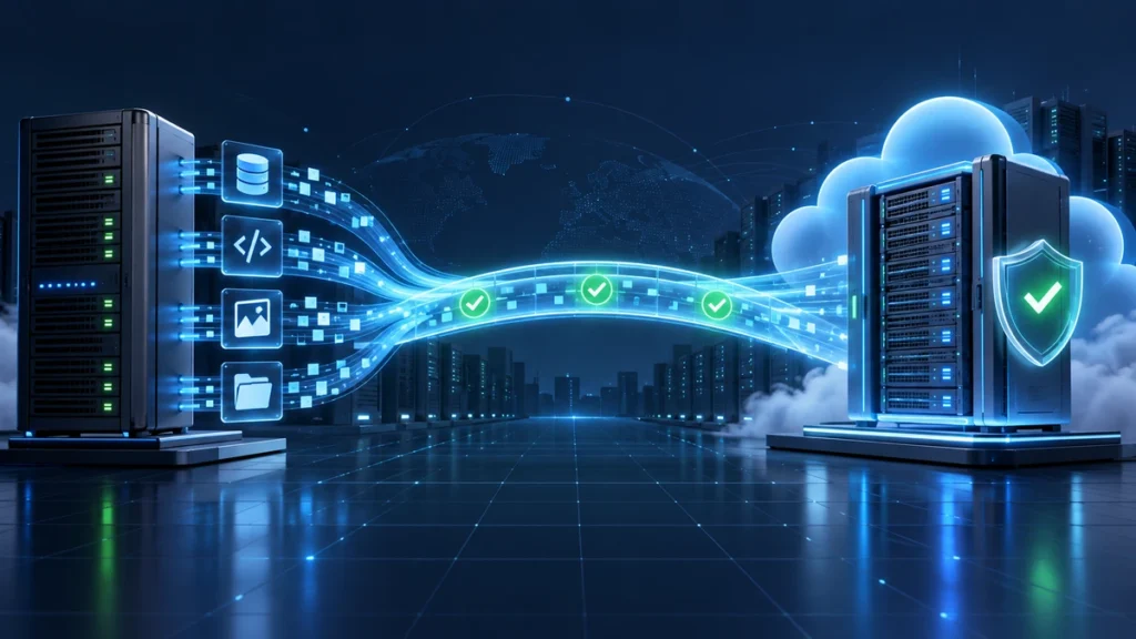 Technical illustration showing zero-downtime WordPress website migration between servers with verified data integrity and security protection