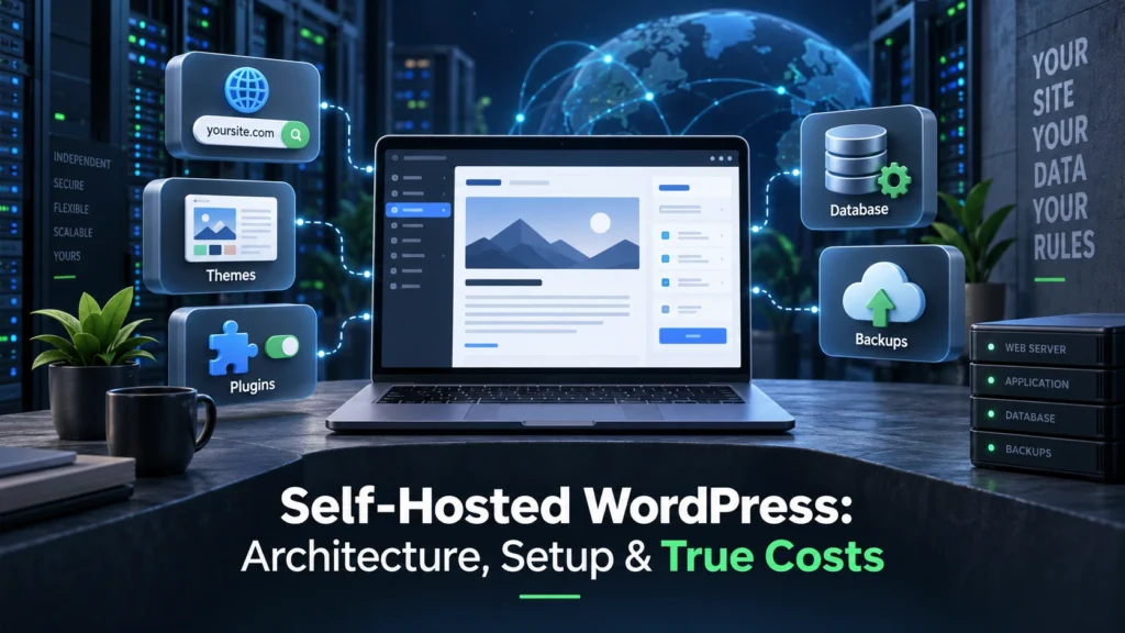 Editorial illustration depicting self-hosted WordPress architecture showing modular website blocks connecting to independent cloud hosting and domain servers