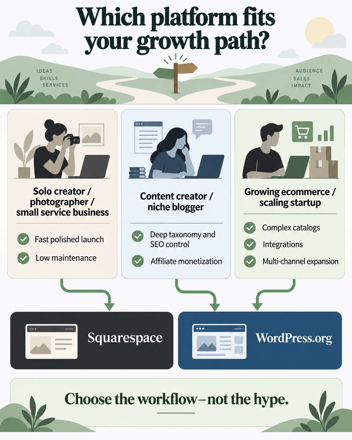Decision tree helping readers choose Squarespace or WordPress based on launch speed, maintenance, customization, ecommerce, and ownership