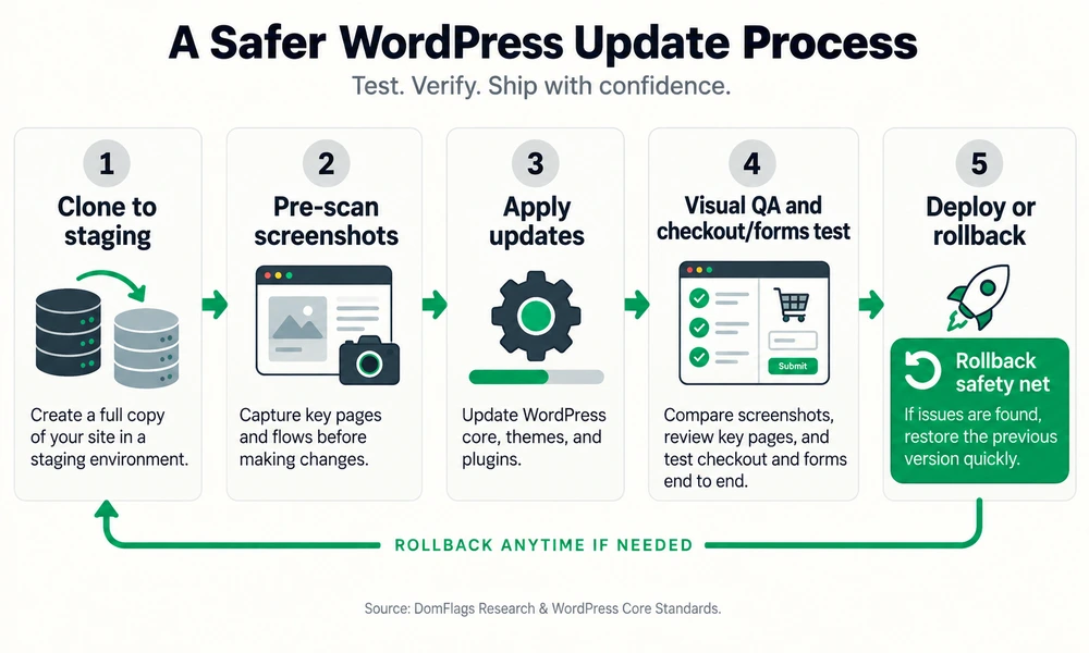 Five-step staging workflow showing WordPress updates tested before deployment or rollback