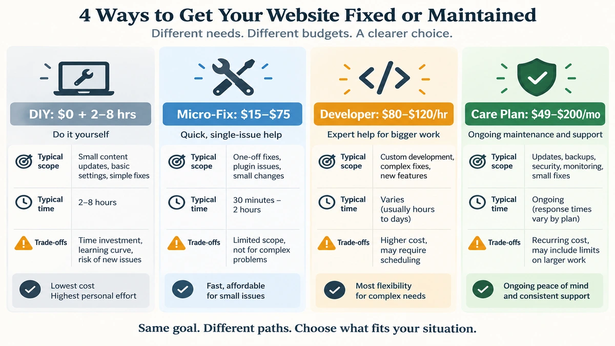 Comparison matrix showing DIY, micro-fix, freelance developer, and monthly care costs for WordPress bug resolution