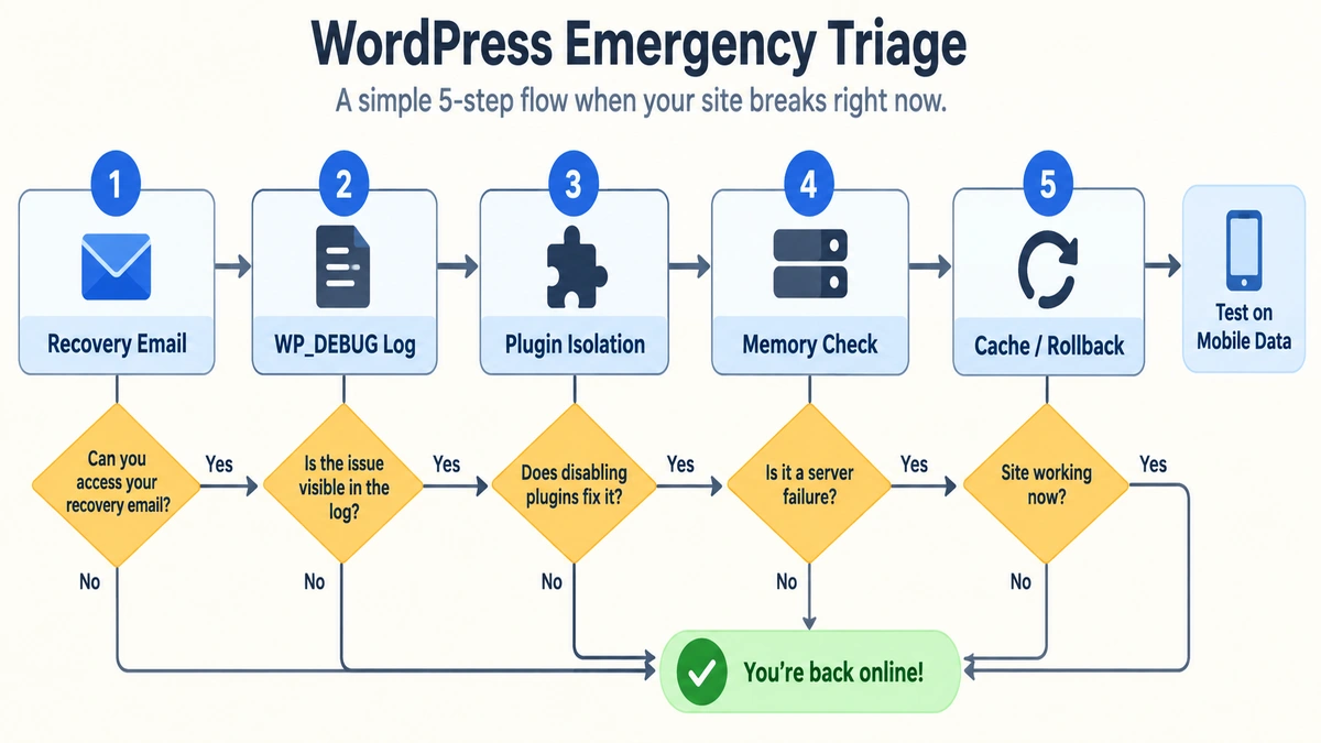 Flowchart illustrating the 5-step WordPress bug fix triage protocol from symptom detection to safe resolution