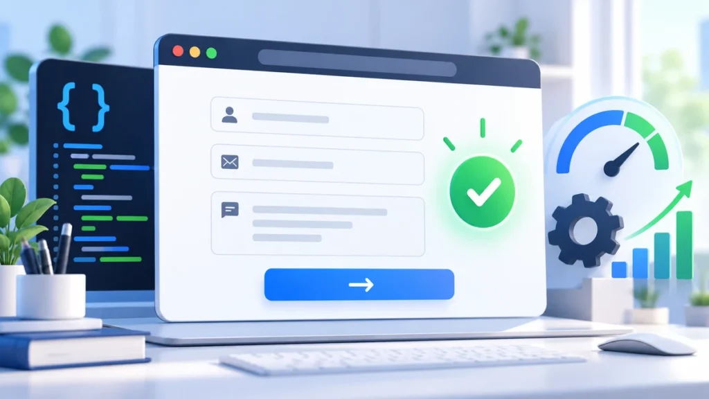 Delay JavaScript in WordPress without breaking forms: contact form beside code with a green check.