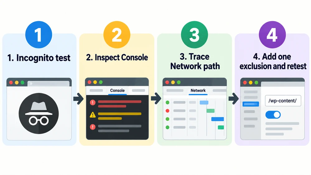 Four-step DevTools flow for delaying JavaScript in WordPress without breaking forms: reproduce, trace, exclude, and retest.
