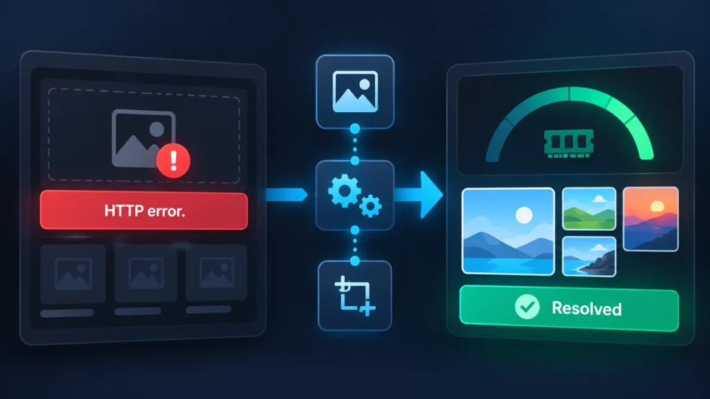 Diagnostic guide illustration for fixing HTTP error when uploading images to WordPress media library