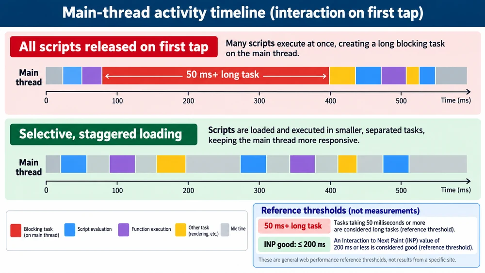 Main-thread timeline comparing a burst of delayed scripts on first interaction with selective loading and the 200 millisecond INP reference threshold.