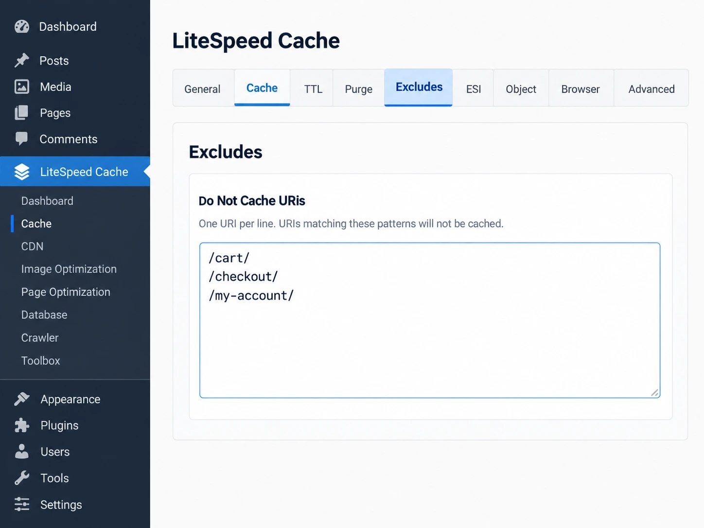 Screenshot of LiteSpeed Cache Excludes settings panel showing Do Not Cache URIs configuration for WooCommerce cart and checkout