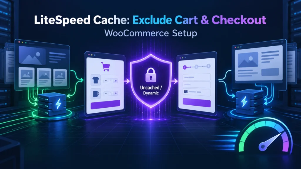 Technical guide banner showing how to exclude WooCommerce cart and checkout pages in LiteSpeed Cache settings